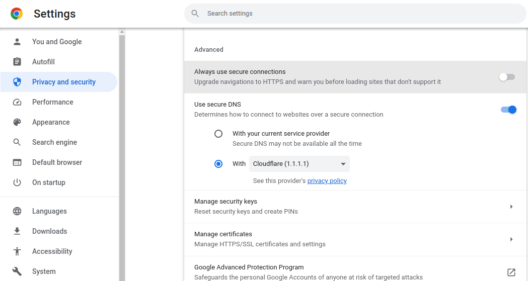 Chrome Settings DNS